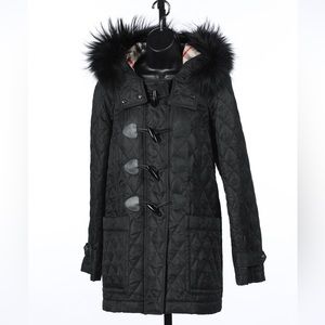 Burberry Brit Black Quilted Coat w/ Fur Lined Hood & Toggle Clasps